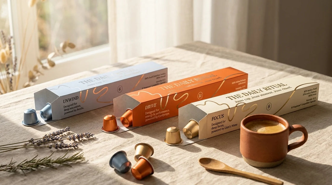 De drie doosjes van The Daily Ritual: Unwind, Drive en Focus, met cups en een kop koffie